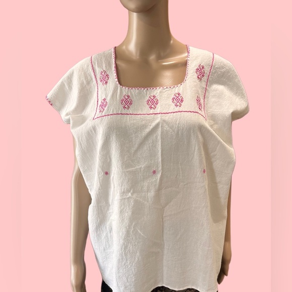 Artisan Crafted Tops - Cross stitched Embroidered White and Pink Women's Huipil tunic top artisan made
